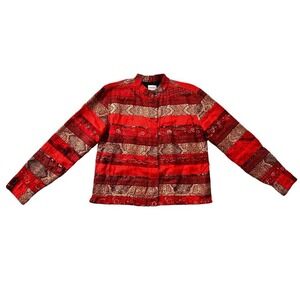 Chico's Size 1 Medium Red Gold‎ Sequin Stripe Button Front Jacket